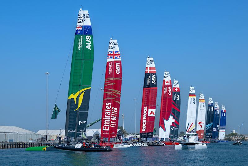 Australia SailGP Team, Emirates Great Britain SailGP Team, ROCKWOOL Denmark SailGP Team and the rest of the F50 catamaran fleet moored up prior to Race Day 2 of the Mubadala Abu Dhabi Sail Grand Prix presented by Abu Dhabi Sports Council photo copyright Ricardo Pinto for SailGP taken at  and featuring the F50 class