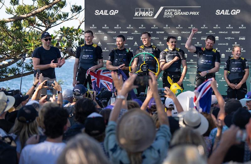 Tom Slingsby, CEO and driver of Australia SailGP Team, with his team-mates alongside five time Olympic Gold Medallist Ian Thorpe, during the trophy presentation after winning the KPMG Australia Sail Grand Prix in Sydney, Australia photo copyright Bob Martin for SailGP taken at  and featuring the F50 class