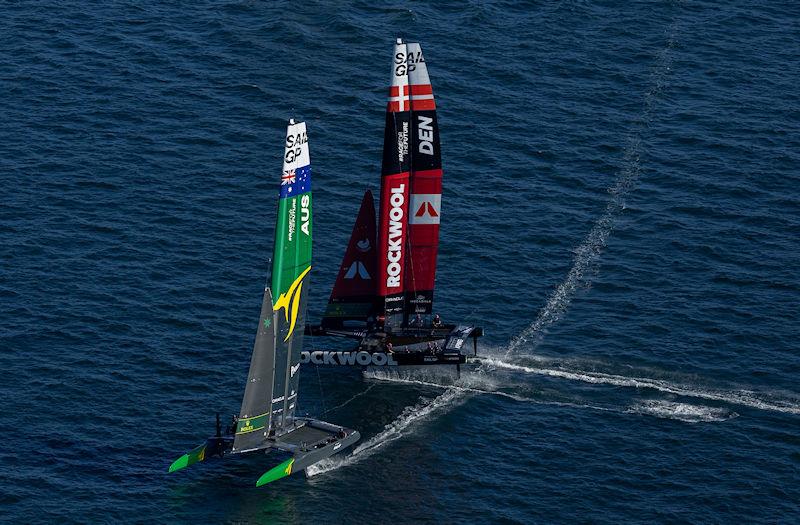 Australia SailGP Team helmed by Tom Slingsby and ROCKWOOL Denmark SailGP Team helmed by Nicolai Sehested in action on Race Day 2 of the KPMG Australia Sail Grand Prix in Sydney, Australia - photo © Simon Bruty for SailGP