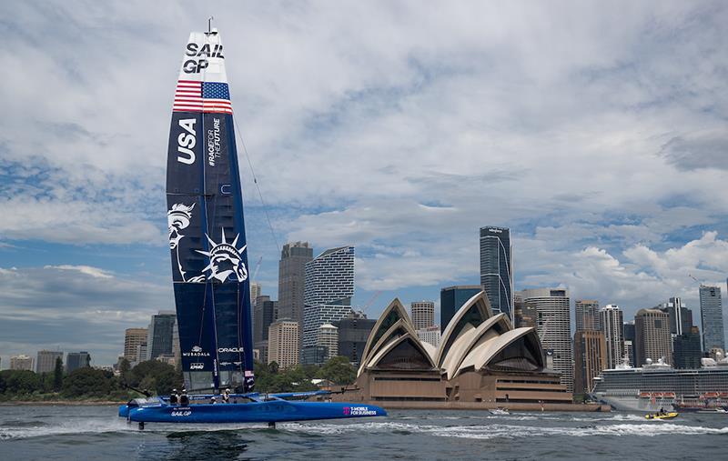 The USA SailGP Team F50 catamaran is towed past Sydney Opera House during a practice session ahead of the KPMG Australia Sail Grand Prix in Sydney, Australia - photo © Ricardo Pinto for SailGP