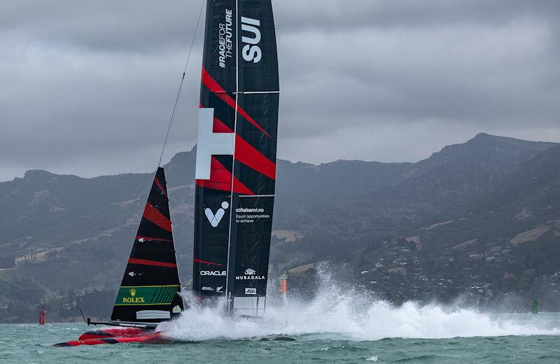 Switzerland SailGP Team helmed by Nathan Outteridge in action during a practice session ahead of the ITM New Zealand Sail Grand Prix in Christchurch, New Zealand photo copyright Chloe Knott for SailGP taken at  and featuring the F50 class