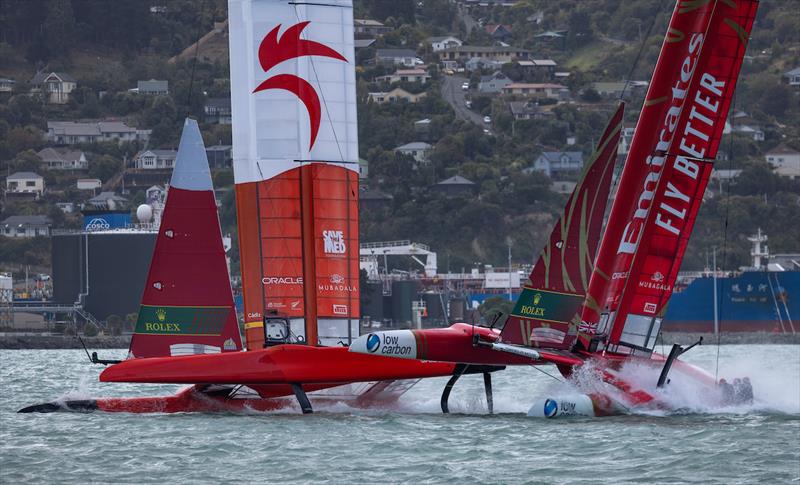 Emirates Great Britain SailGP Team and Spain SailGP Team  collide during a practice session ahead of the ITM New Zealand Sail Grand Prix in Christchurch, March 22, 2024 photo copyright Felix Diemer/SailGP taken at Naval Point Club Lyttelton and featuring the F50 class
