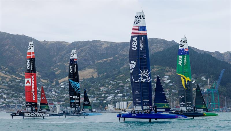Australia SailGP Team USA SailGP Team  and  Denmark SailGP Team during a practice session ahead of the ITM New Zealand Sail Grand Prix in Christchurch, March 22, 2024 photo copyright Felix Diemer/SailGP taken at Naval Point Club Lyttelton and featuring the F50 class
