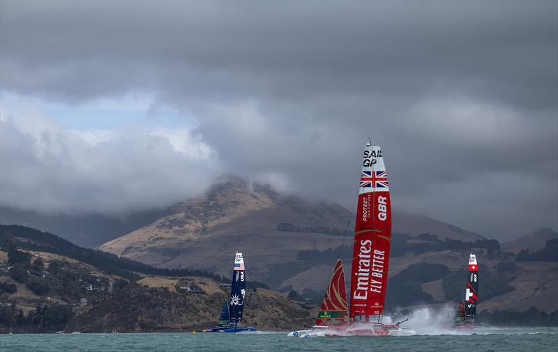 Emirates Great Britain SailGP Team helmed by Giles Scott in action with USA SailGP Team and Switzerland SailGP Team in the distance during a practice session ahead of the ITM New Zealand Sail Grand Prix in Christchurch, New Zealand photo copyright Chloe Knott for SailGP taken at  and featuring the F50 class