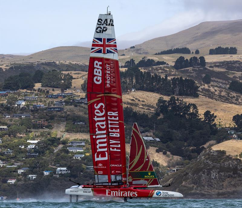 Emirates Great Britain SailGP Team helmed by Giles Scott in action during a practice session ahead of the ITM New Zealand Sail Grand Prix in Christchurch, New Zealand photo copyright Chloe Knott for SailGP taken at  and featuring the F50 class