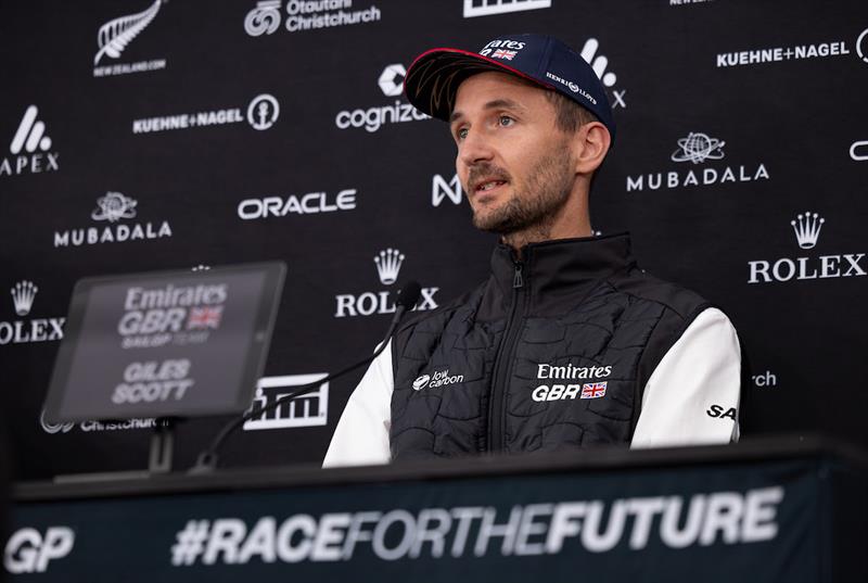 Giles Scott, driver of Emirates Great Britain SailGP Team, speaks to the media during a pre-event press conference ahead of the ITM New Zealand Sail Grand Prix in Christchurch, New Zealand photo copyright Felix Diemer for SailGP taken at  and featuring the F50 class