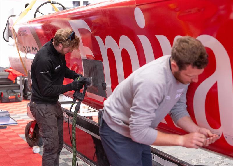 Emirates Great Britain SailGP Team make repairs to the hull of the F50 catamaran in the hangar following a collision with the Spain SailGP Team in the previous day's pre race practice session on Race Day 1 of the ITM New Zealand Sail Grand Prix - photo © Ricardo Pinto for SailGP