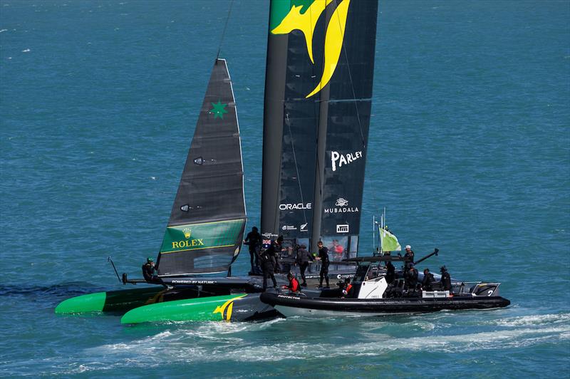 Australia SailGP Team helmed by Tom Slingsby F50 catamaran receive help from their support boat after colliding with the finish line marker on Race Day 2 ITM New Zealand Sail Grand Prix in Christchurch, March 24, 2024 - photo © Brett Phibbs/SailGP