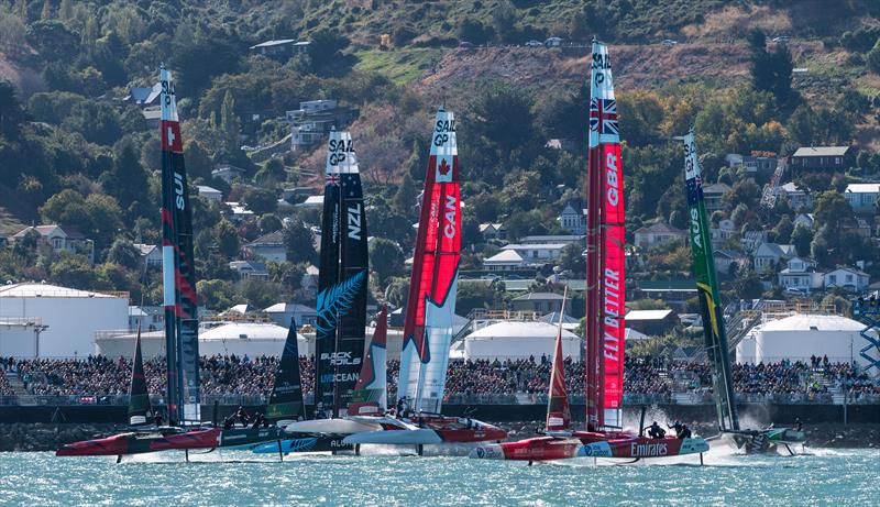 The SailGP F50 catamaran fleet in action ITM New Zealand Sail Grand Prix in Christchurch, March 24, 2024 - photo © Ricardo Pinto/SailGP