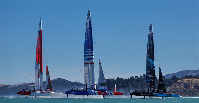 France SailGP Team helmed by Quentin Delapierre, Canada SailGP Team helmed by Phil Robertson and New Zealand SailGP Team helmed by Peter Burling race side by side during the start of the final race on Race Day 2 of the ITM New Zealand Sail Grand Prix photo copyright Chloe Knott for SailGP taken at  and featuring the F50 class