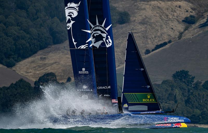 USA SailGP Team helmed by Taylor Canfield in action during a practice session ahead of the ITM New Zealand Sail Grand Prix in Christchurch,Thursday March 21 photo copyright Ricardo Pinto/SailGP taken at Naval Point Club Lyttelton and featuring the F50 class