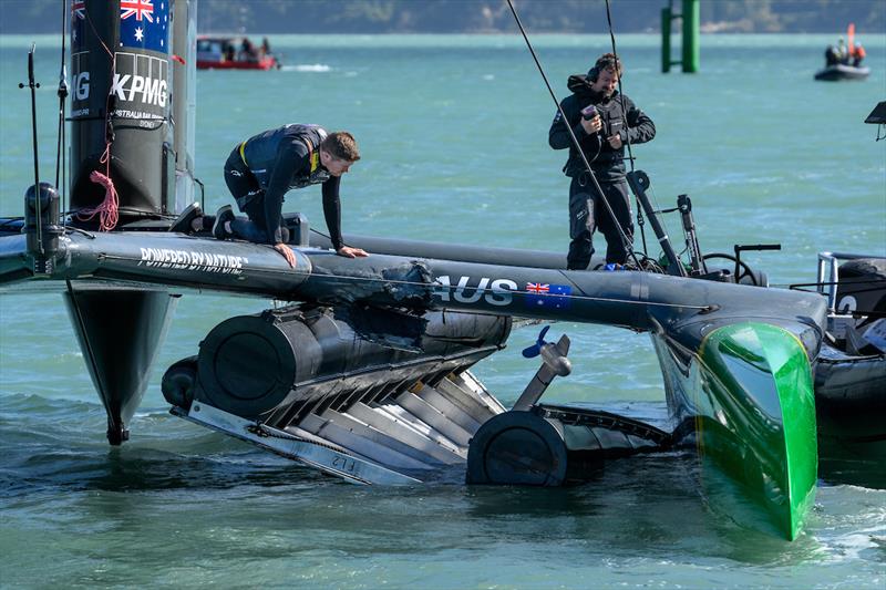 Tom Slingsby, CEO and driver of Australia SailGP Team, looks over the damage sustained to the F50 catamaran after they hit a finish line marker during Race 1 on Race Day 2 of the ITM New Zealand Sail Grand Prix in Christchurch, Sunday 24th March - photo © Ricardo Pinto/SailGP