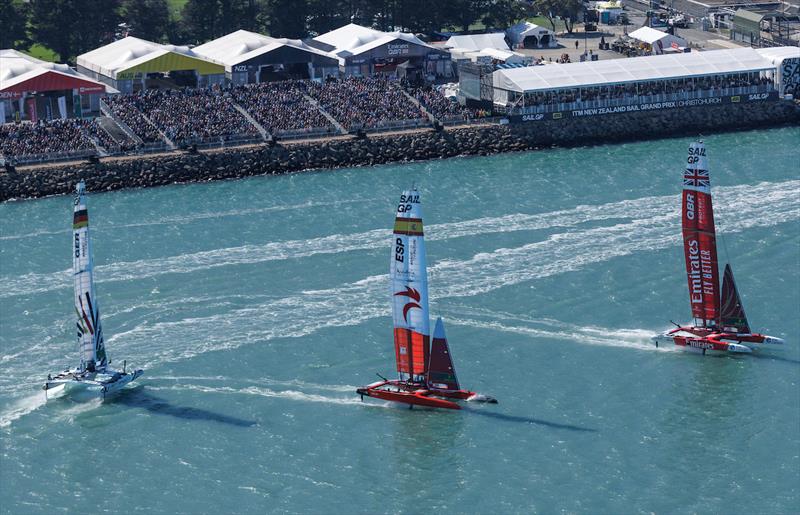 Germany SailGP Team helmed by Erik Heil, Spain SailGP Team helmed by Diego Botin and Emirates Great Britain SailGP Team helmed by Giles Scott sail past the Race Stadium on Race Day 2 of the ITM New Zealand Sail Grand Prix in Christchurch, New Zealand photo copyright Felix Diemer for SailGP taken at  and featuring the F50 class