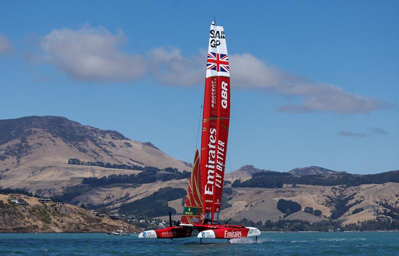 Emirates Great Britain SailGP Team helmed by Giles Scott in action on Race Day 2 of the ITM New Zealand Sail Grand Prix in Christchurch, New Zealand photo copyright Chloe Knott for SailGP taken at  and featuring the F50 class