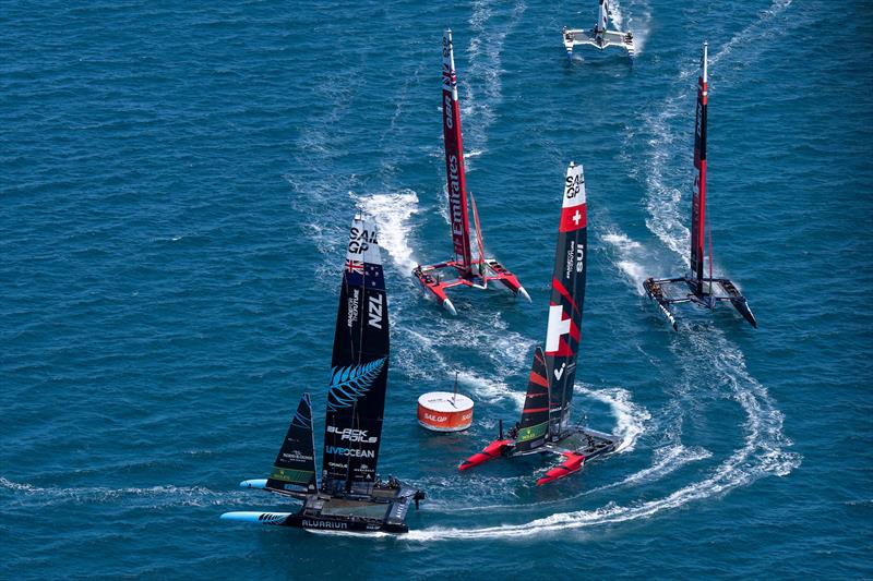 New Zealand SailGP Team helmed by Peter Burling ahead of Switzerland SailGP Team, ROCKWOOL Denmark SailGP Team, and Emirates Great Britain SailGP Team on Race Day 1 of the Apex Group Bermuda Sail Grand Prix in Bermuda - photo © Bob Martin for SailGP