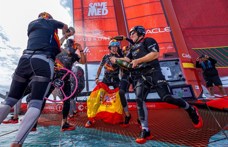 Spain SailGP Team helmed by Diego Botin spray Barons De Rothschild Champagne on board their F50 catamaran as they celebrate winning the Apex Group Bermuda Sail Grand Prix - photo © Felix Diemer for SailGP