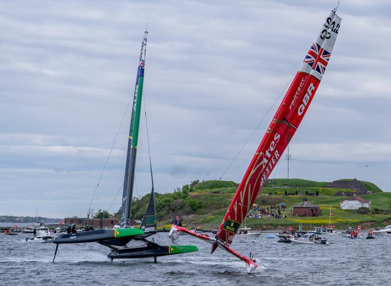 Emirates Great Britain SailGP Team helmed by Giles Scott and Australia SailGP Team helmed by Tom Slingsby evade a collision on Race Day 1 of the ROCKWOOL Canada Sail Grand Prix in Halifax, Canada photo copyright Andrew Baker for SailGP taken at  and featuring the F50 class