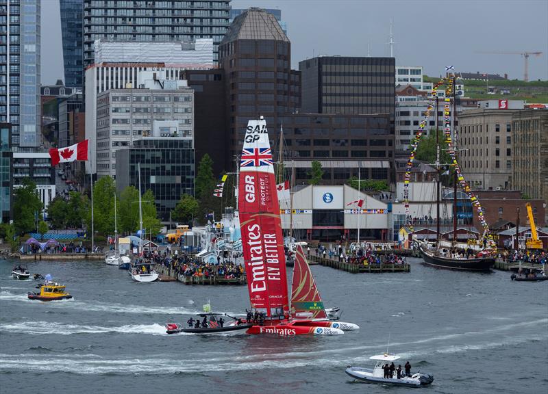 Emirates Great Britain SailGP Team helmed by Giles Scott celebrate with their support crew on the water in front of the spectators watching from the piers on  - Rockwell SailGP Canada - June 2, 2024 photo copyright Simon Bruty/SailGP taken at Halifax Sailing Club and featuring the F50 class