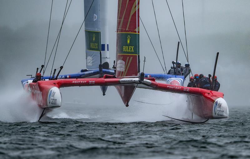 Emirates Great Britain SailGP Team helmed by Giles Scott leads France SailGP Team helmed by Quentin Delapierre - Rockwell SailGP Canada - June 2, 2024 photo copyright SailGP taken at Halifax Sailing Club and featuring the F50 class