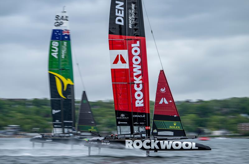 Rockwool Denmark SailGP Team helmed by Nicolai Sehested leads Australia SailGP Team helmed by Tom Slingsby  - Rockwell SailGP Canada - June 2, 2024 photo copyright SailGP taken at Halifax Sailing Club and featuring the F50 class