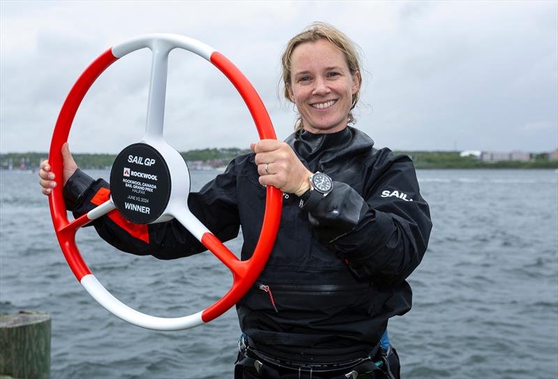 Hannah Mills, strategist of Emirates Great Britain SailGP Team, holds the winners trophy after Emirates Great Britain SailGP Team win the final race on Race Day 2  - Rockwell SailGP Canada - June 2, 2024 photo copyright Katelyn Mulcahy/SailGP taken at Halifax Sailing Club and featuring the F50 class