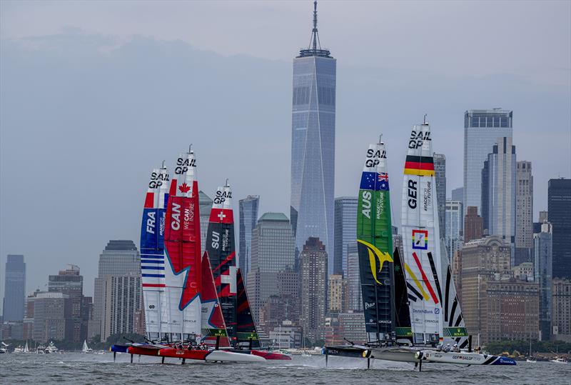 Germany SailGP Team, Australia SailGP Team, Switzerland SailGP Team, Canada SailGP Team and France SailGP Team sail past the One World Trade Centre on Race Day 1 of the Mubadala New York Sail Grand Prix in New York, USA - photo © Bob Martin for SailGP