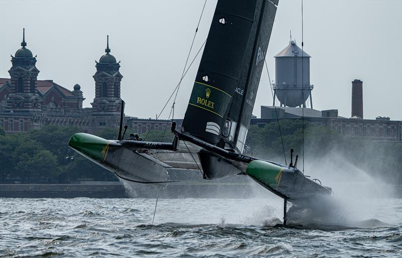 Australia SailGP Team helmed by Tom Slingsby sail past Ellis Island on Race Day 1 of the Mubadala New York Sail Grand Prix in New York, USA - photo © Ricardo Pinto for SailGP