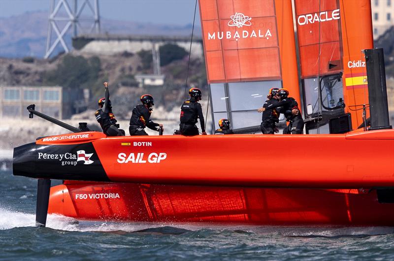 Spain SailGP Team helmed by Diego Botin celebrate after winning the grand final on Race Day 2 of the SailGP Season 4 Grand Final in Season 4 Grand Final in San Francisco, USA - July 14, 2024 photo copyright Samo Vidic / SailGP taken at San Francisco Yacht Club and featuring the F50 class