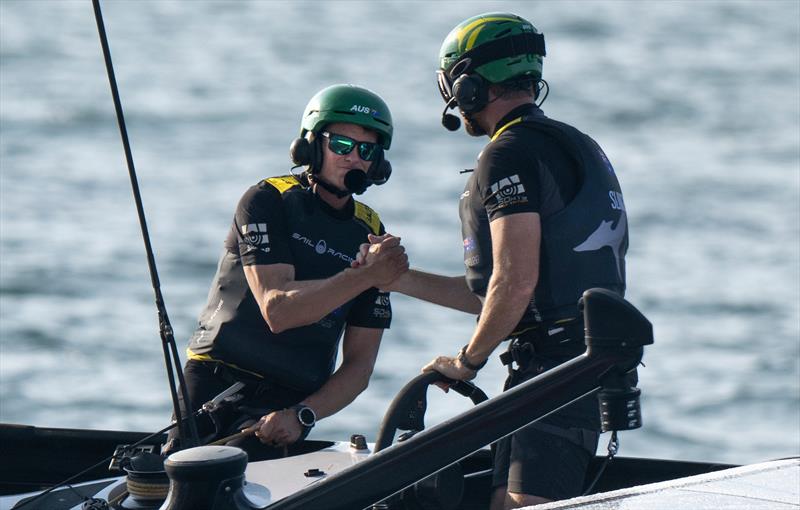 Tom Slingsby, driver of Australia SailGP Team celebrates victory with Chris Draper, wing trimmer of Australia SailGP Team, on Race Day 1 of the Emirates Dubai Sail Grand Prix presented by P&O Marinas in Dubai, UAE - photo © Jason Ludlow for SailGP