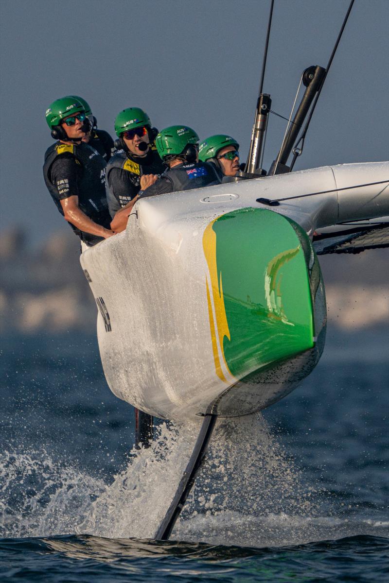 Jason Waterhouse and Chris Draper look ahead as the Australia SailGP Team take part in a practice session prior to the Emirates Dubai Sail Grand Prix presented by P&O Marinas in Dubai, UAE - photo © Jon Buckle for SailGP