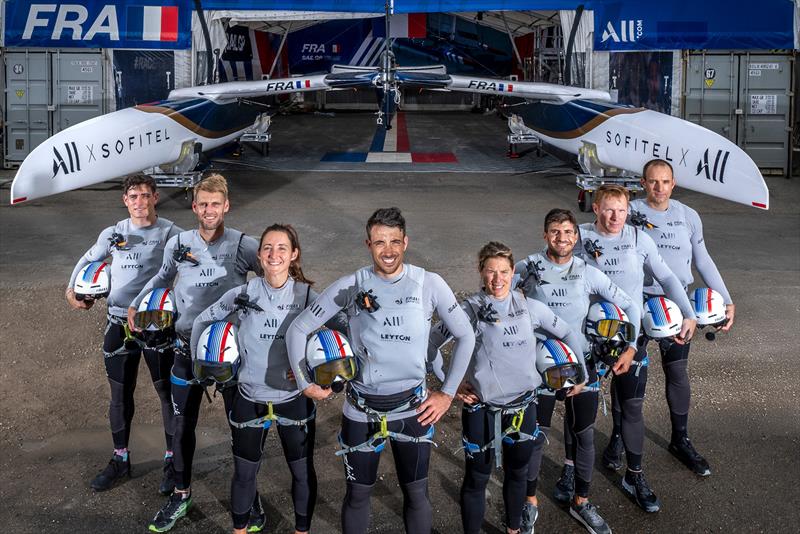Quentin Delapierre and the France SailGP Team line up in front of their newly designed F50 catamaran ahead of the KPMG Australia Sail Grand Prix in Sydney - photo © Bob Martin for SailGP