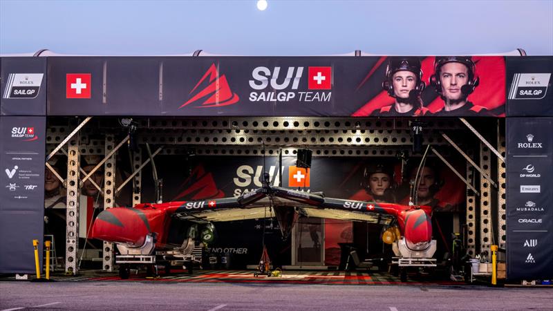 The hangar of the Switzerland SailGP Team in the technical area with a full moon showing in the early morning on Race Day 2 of the Rolex Los Angeles Sail Grand Prix - photo © Ricardo Pinto for SailGP