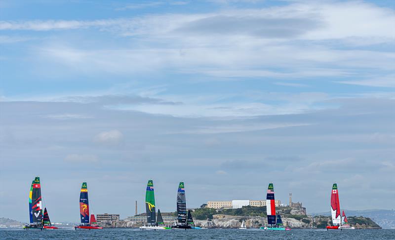 Switzerland SailGP Team, Spain SailGP Team, Australia SailGP Team, New Zealand SailGP Team, USA SailGP Team and Canada NorthStar SailGP Team go past Alcatraz Island on Race Day 1 of the Oracle San Francisco Sail Grand Prix - photo © Felix Diemer for SailGP