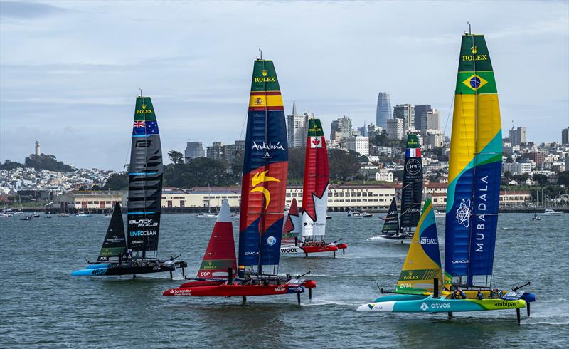 New Zealand SailGP Team helmed by Peter Burling in front of Spain SailGP Team, Canada NorthStar SailGP Team and Mubadala Brazil SailGP Team on Race Day 1 of the Oracle San Francisco Sail Grand Prix - photo © Ricardo Pinto for SailGP