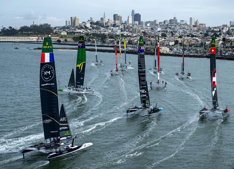 The with France SailGP Team, Switzerland SailGP Team, New Zealand SailGP Team and Australia SailGP Team in action on Race Day 1 of the Oracle San Francisco Sail Grand Prix - photo © Ricardo Pinto for SailGP
