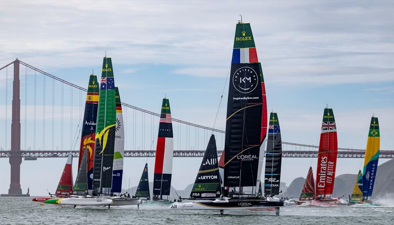 The fleet in front of the Golden Gate Bridge during fleet racing on Race Day 1 of the Oracle San Francisco Sail Grand Prix - photo © Simon Bruty for SailGP