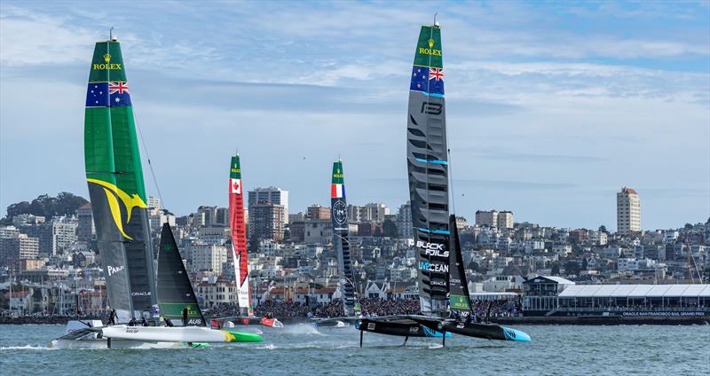 New Zealand SailGP Team with Australia SailGP Team behind Canada NorthStar SailGP Team and France SailGP Team on Race Day 1 of the Oracle San Francisco Sail Grand Prix - photo © Simon Bruty for SailGP