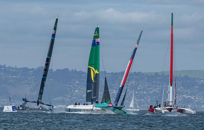 USA SailGP Team helmed by Taylor Canfield and New Zealand SailGP Team helmed by Peter Burling, Australia SailGP Team helmed by Tom Slingsby Canada NorthStar SailGP Team helmed by Giles Scotton Race Day 1 of the Oracle San Francisco Sail Grand Prix - photo © Felix Diemer for SailGP