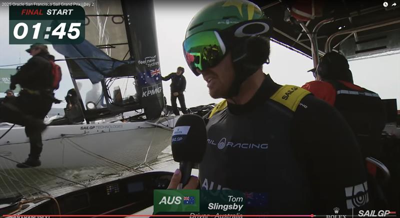 1- Tom Slingsby - pre-start interview as rig topples - Final - Race Day 2-  Oracle San Francisco SailGP - March 23, 2025 - San Francisco photo copyright SailG taken at Golden Gate Yacht Club and featuring the F50 class