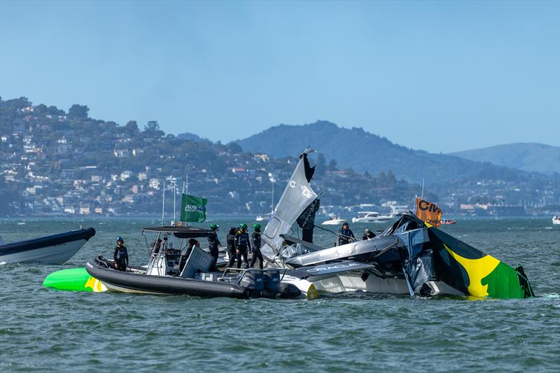 Australia drop their wingsail - pre-start - Race 7 - Race Day 2-  Oracle San Francisco SailGP - March 23, 2025 - San Francisco photo copyright Felix Diemer/SailGP taken at Golden Gate Yacht Club and featuring the F50 class