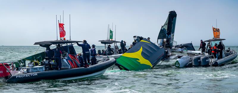 Support craft attend the Flying Roos after their dismasting - pre-start - Race 7 - Race Day 2-  Oracle San Francisco SailGP - March 23, 2025 - San Francisco photo copyright Ricardo Pinto/SailGP taken at Golden Gate Yacht Club and featuring the F50 class