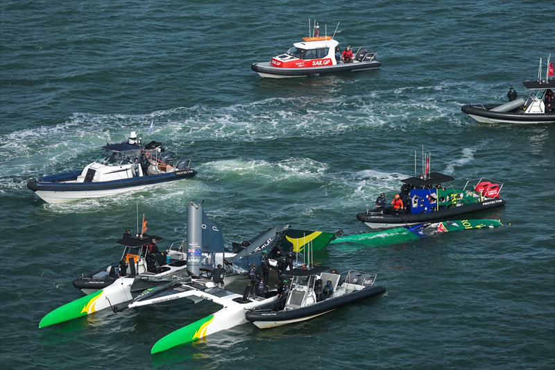 Support craft attend the Flying Roos after their dismasting - pre-start - Race 7 - Race Day 2-  Oracle San Francisco SailGP - March 23, 2025 - San Francisco - photo © Felix Diemer/SailGP