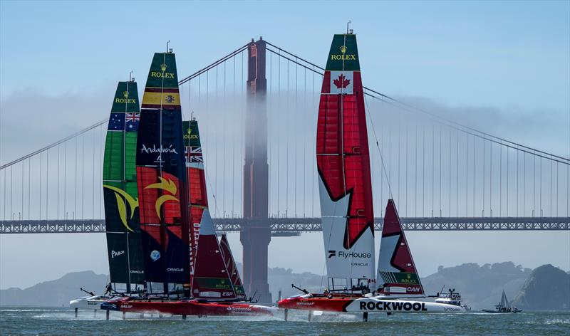 Fleet racing across the advancing fog  - Race Day 2-  Oracle San Francisco SailGP - March 23, 2025 - San Francisco photo copyright Ricardo Pinto/SailGP taken at Golden Gate Yacht Club and featuring the F50 class