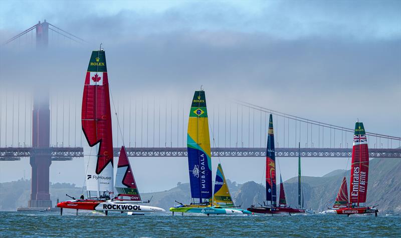 Fleet racing across the advancing fog  - Race Day 2-  Oracle San Francisco SailGP - March 23, 2025 - San Francisco photo copyright Ricardo Pinto/SailGP taken at Golden Gate Yacht Club and featuring the F50 class