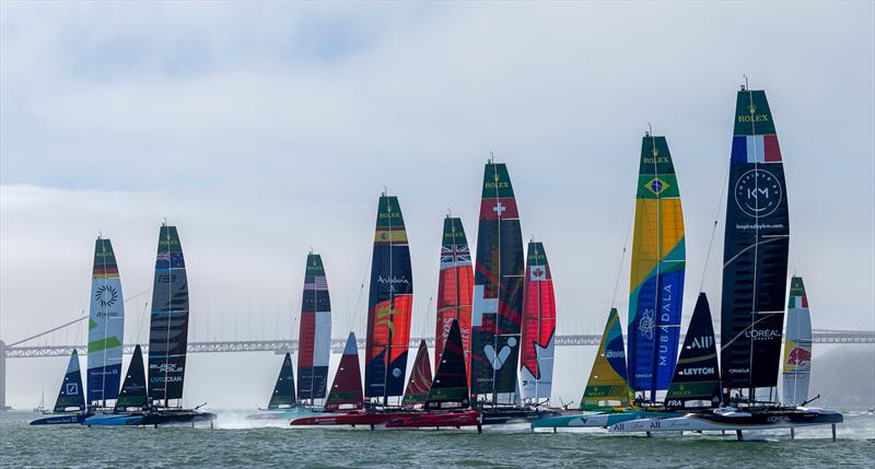 Fleet racing across the advancing fog - Race Day 2- Oracle San Francisco SailGP - March 23, 2025 - San Francisco - photo © Felix Diemer/SailGP