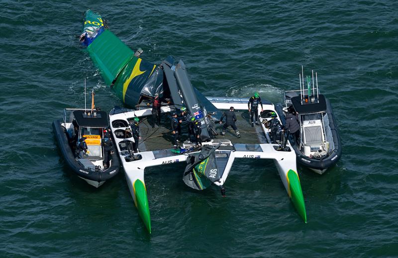 Australia SailGP Team helmed by Tom Slingsby are attended to by their support boat after the main wing broke during racing on Race Day 2 of the Oracle San Francisco Sail Grand Prix - photo © Simon Bruty for SailGP