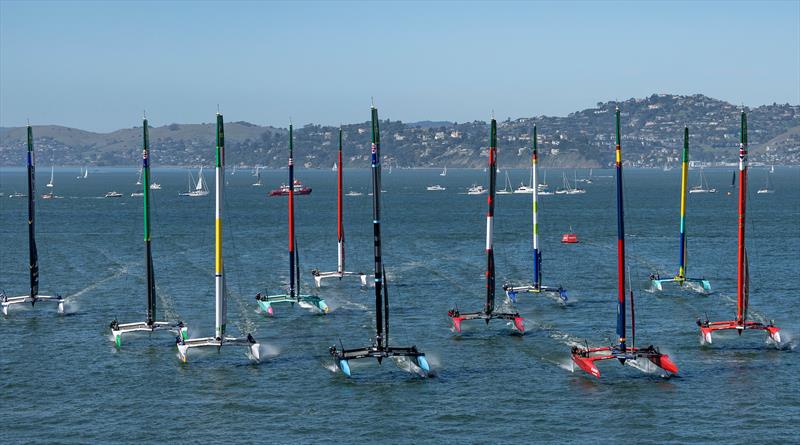 The 11 boat fleet on Leg 1 - Race Day 2- Oracle San Francisco SailGP - March 23, 2025 - San Francisco - photo © Simon Bruty/SailGP