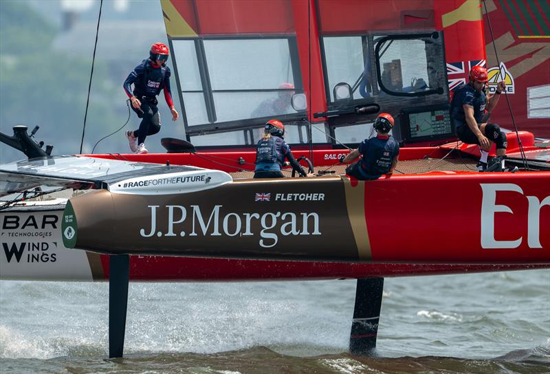 Hannah Mills on the whel of Emirates Great Britain - Mubadala New York Sail Grand Prix - June 6, 2025 - photo © Ricardo Pinto/SailGP
