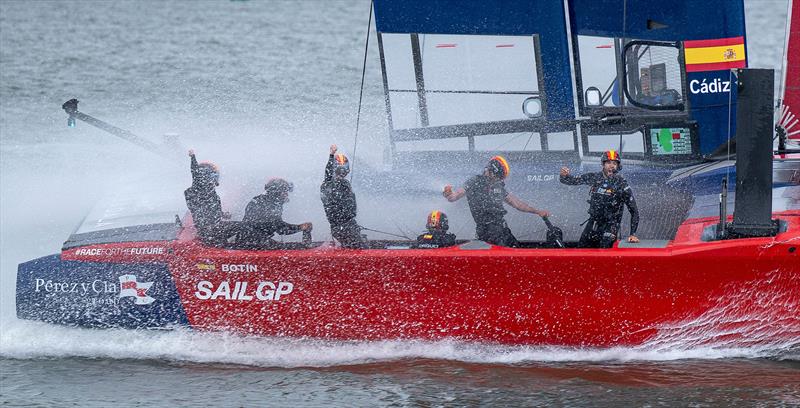 Spain cross the finish line to win Day 2 of the Mubadala New York Sail Grand Prix  photo copyright Jason Ludlow/SailGP taken at New York Sailing Club and featuring the F50 class