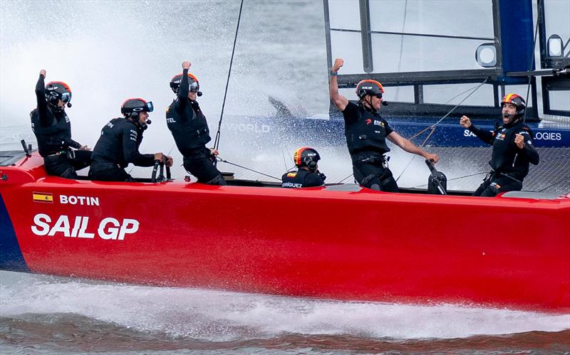 Spain SailGP Team helmed by Diego Botin celebrate as they cross the finish line to win in the final on Race Day 2 of the Mubadala New York Sail Grand Prix photo copyright Jason Ludlow for SailGP taken at  and featuring the F50 class